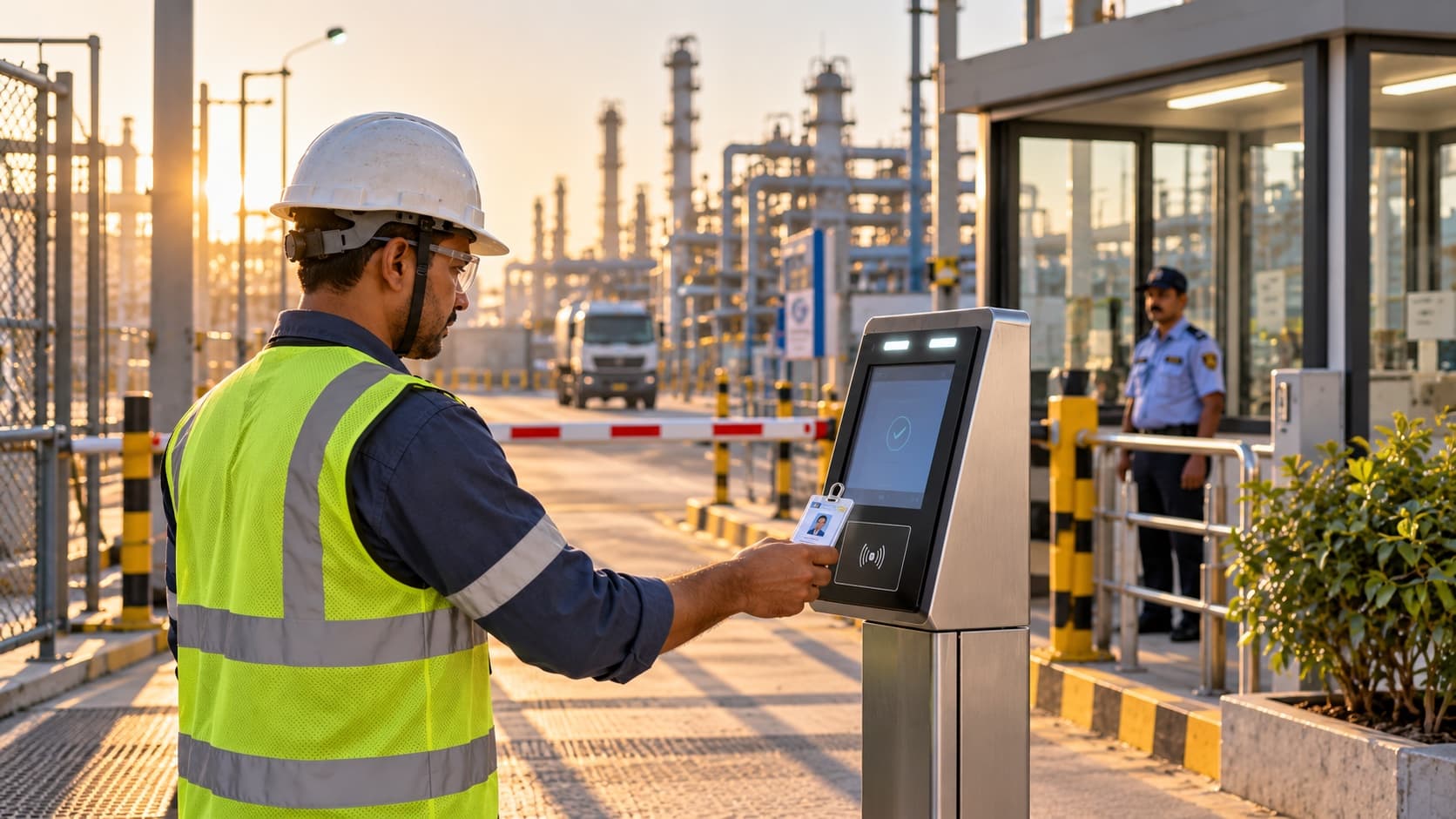 Contract worker scanning an ID pass at a kiosk at a plant security gate