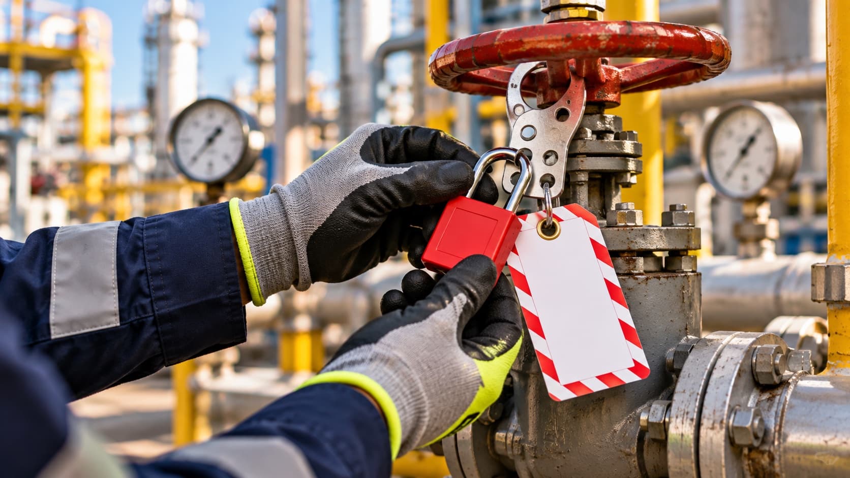 Gloved hands fitting a lockout padlock and a danger tag to a valve handle